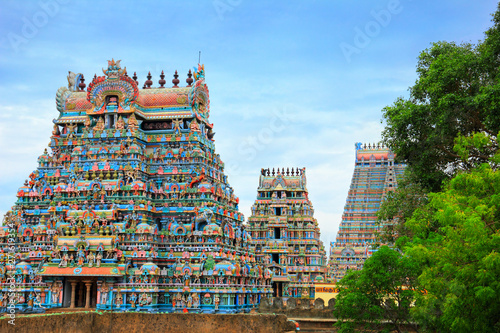 Beautiful Gopuras in the Hindu Jambukeswarar Temple in Trichy (Tiruchirappalli, Tiruchy), Tamil Nadu, South India