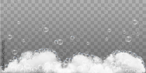 Soap foam and bubbles on transparent background. Vector illustration