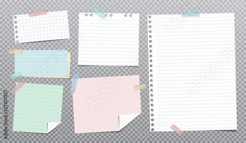 White, colorful and lined note, notebook paper stuck on grey squared background. Vector illustration