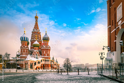 Moscow. Russia. Winter St. Basil's Cathedral. Pokrovsky Cathedral. Winter Red Square. Russian cities. Russian architecture Moscow monuments. Moscow capital of Russia.