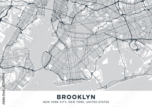 Brooklyn map. Light poster with map of Brooklyn borough (New York, United States). Highly detailed map of Brooklyn with water objects, roads, railways, etc. Printable poster.