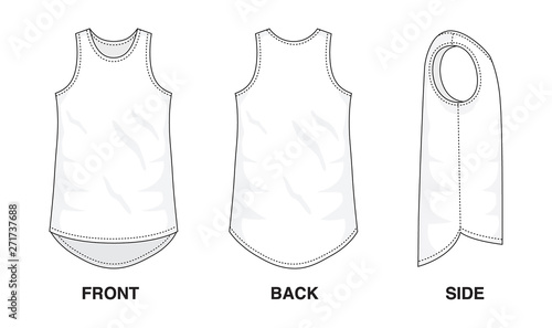 Isolated object of clothes and fashion stylish wear fill in blank shirt top. Regular Tee Crew Neck Long Loose Baggy Tee Sleeveless Top Illustration Vector Template. Front, back and side view