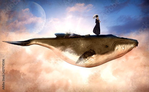 Surreal Flying Humpback Whale and a Woman on Top