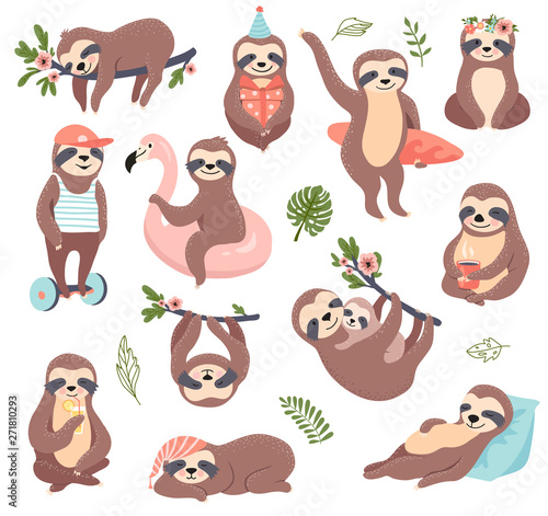 Cute sloth set, funny vector illustration for print, posters, sticker kit.