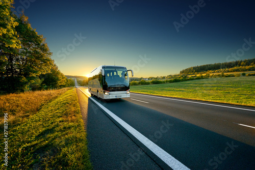 White bus traveling on the asphalt road around line of trees in rural landscape at sunset