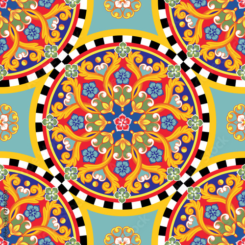 Seamless bright background. Colorful ethnic round ornamental mandala. Trendy pattern. Vector illustration