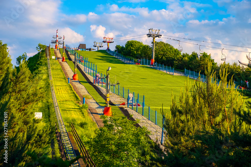 Warsaw, Poland - Panoramic view of the Szczesliwicka Hill - artificial hill serving as a ski slope - in Szczesliwicki Park - one of the largest public parks in Warsaw