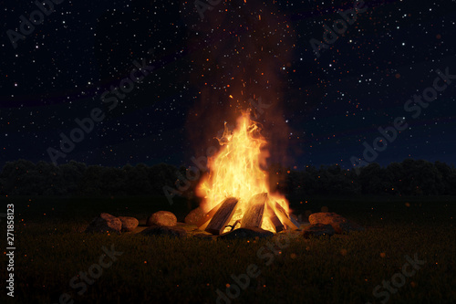 Lagerfeuer mit Steinen umringt vor Sternenhimmel bei Nacht. 3D Rendering