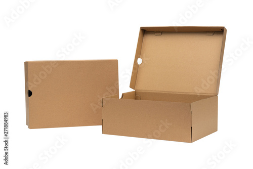 Brown cardboard shoes box with lid for shoe or sneaker product packaging mockup, isolated on white with clipping path.