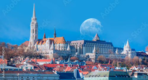 Matthias Church and Fisherman Bastion with full moon - Budapest, Hungary "Elements of this image furnished by NASA" 