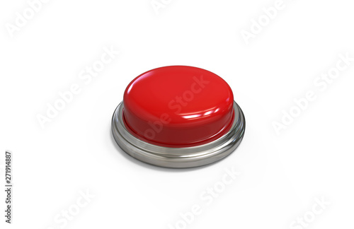 Red round push button with metallic border on isolated white background, 3d illustration