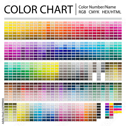 Color Chart. Print Test Page. Color Numbers or Names. RGB, CMYK, Pantone, HEX HTML codes. Vector color palette.