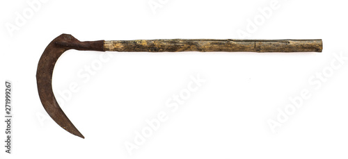 old rusty scythe on a white background