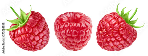 Ripe raspberries collection isolated on white background