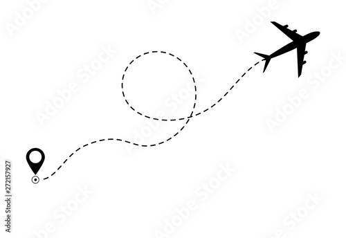 Airplane line path icon of air plane flight route. Airplane travel concept, symbol on isolated background. Flat black airplane flying and leave a black dashed trace line. vector eps10