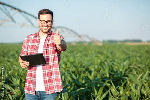 Happy young farmer or agronomist in red checkered shirt showing thumbs up and smiling directly at camera. Standing in corn field, holding a tablet. Organic farming and healthy food production