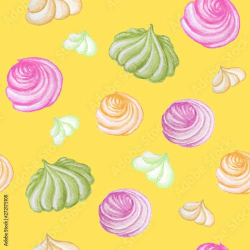 Bright colorful Sweet delicious watercolor Seamless pattern with meringue. Watercolor hand drawn illustration. Isolated elements on yellow background