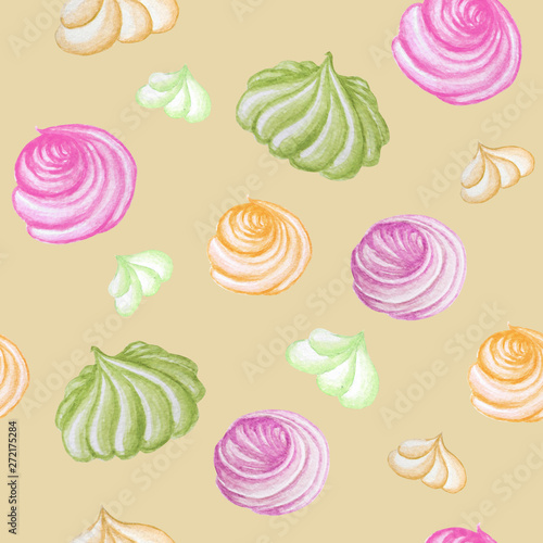 colorful Sweet delicious watercolor seamless pattern with meringue. Watercolor hand drawn illustration. Isolated elements on beige background