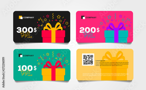 Shopping gift cards template set with gift box and dollar numbers vector illustration, Voucher layout front and back