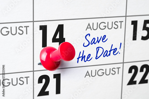 Wall calendar with a red pin - August 14