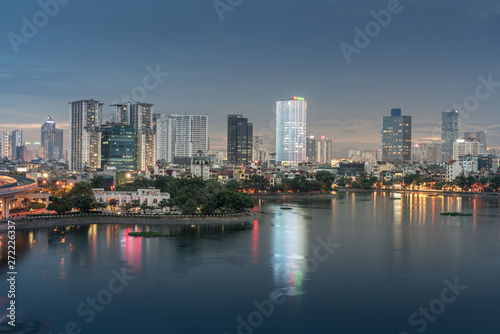Aerial skyline view of Hanoi at Hoang Cau lake. Hanoi cityscape by sunset period