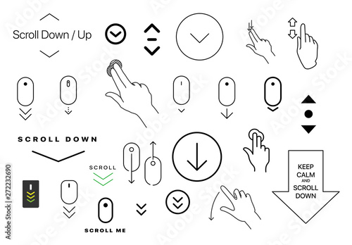 Modern linear pictogram of scroll down. Set of concept line icons scroll down. Icons of scroll down. Scroll down up computer mouse icon. Set of scrolling icons for a website, web design, mobile apps