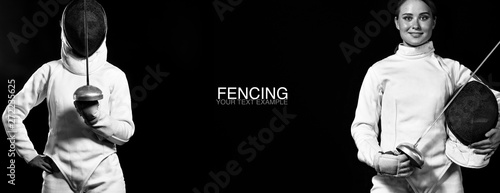 Young fencer athlete wearing fencing costume holding epee and mask. Black background with copy space.