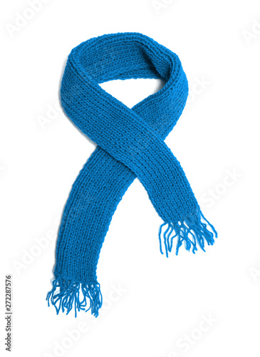 Blue knitted scarf on a white background.