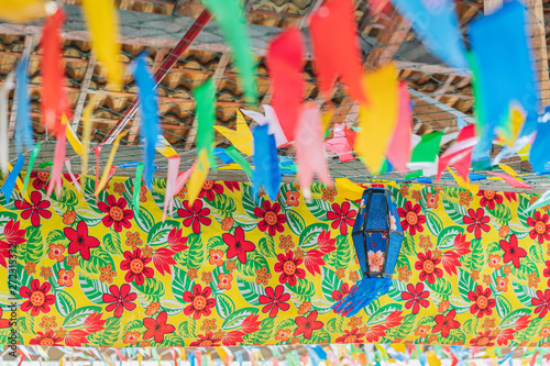Background of Festa Junina, Sao Joao, with Party small colorful Flags and decorative balloon.
