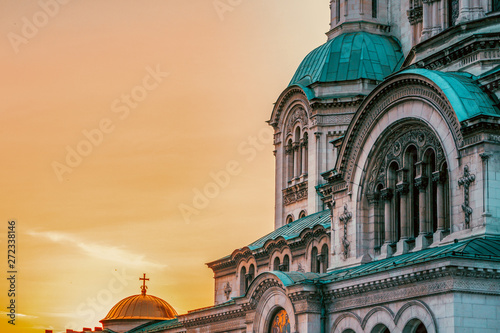 close up of alexander nevsky cathedral in sofia bulgaria during sunset, panoramic