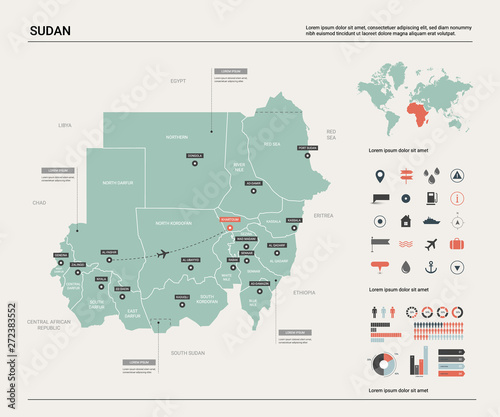 Vector map of Sudan. Country map with division, cities and capital Khartoum. Political map, world map, infographic elements.