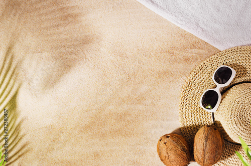 Sandy beach background top view with visible sand texture. Backdrop for mockups and advertising.