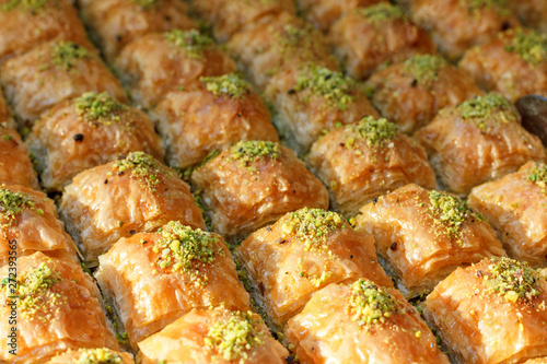 Traditional Turkish baklava sweets in the open buffet in a hotel in Turkey