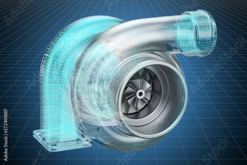Visualization 3d cad model of car turbocharger, blueprint. 3D rendering