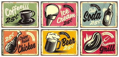 Food and drinks vintage restaurant signs collection. Set of retro advertisements for coffee, beer, ice cream, club soda, grill and fried chicken. Vector illustration.
