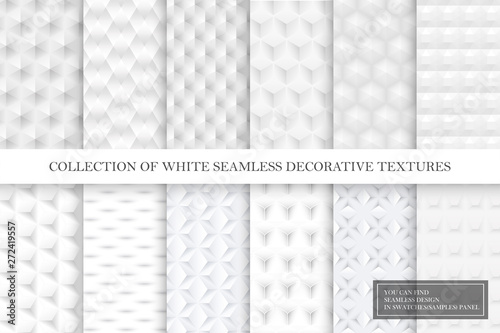 Collection of white and gray tile seamless decorative smooth textures. Geometric repeatable backgrounds.