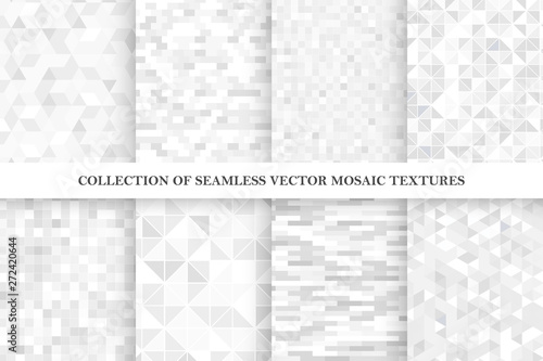 Set of tile geometric vector seamless patterns. White and gray mosaic endless textures.