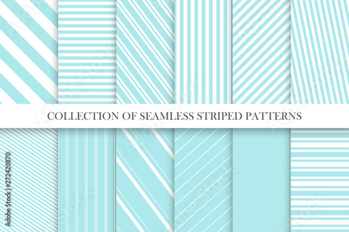 Collection of cute seamless striped patterns in turquoise colors. Delicate geometric repeatable backgrounds