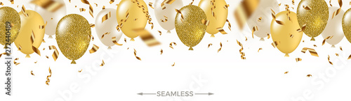 Celebratory seamless banner - white, yellow, glitter gold balloons and golden foil confetti. Vector festive illustration. Holiday design.