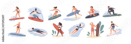 Collection of cute funny people in swimwear surfing in sea or ocean. Bundle of happy surfers in beachwear with surfboards isolated on white background. Colorful flat cartoon vector illustration.