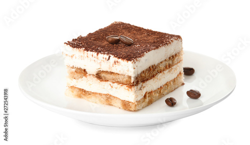 Plate of tiramisu cake isolated on white