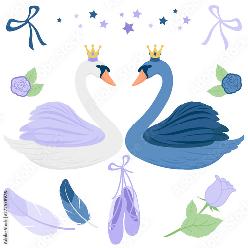 Ballet set with beautiful black and white princess swans and ballet shoes. Vector illustration