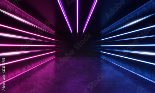 Futuristic Sci-Fi Modern Room With Stripes Shaped Blue And Purple Glowing Neon Lines.