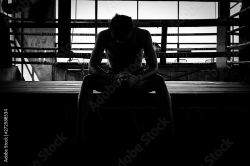 Thai boxer sport man, black and white.