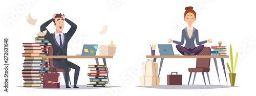 Deadline panicked businessman and organized business woman. Two type of businesspeople vector concept. Illustration of business worker stress panicking and relaxation yoga