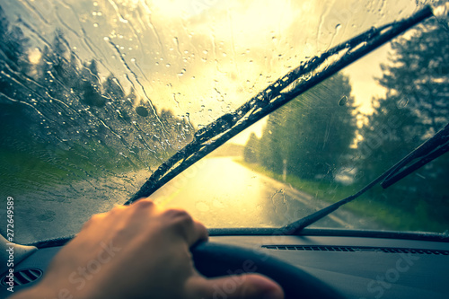 View from the car's cab at rain. Photo from Finland.