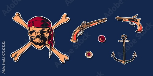 Pirate skull wearing bandana with crossbones and hand drawn sketch set illustration of buccaneer gun pistol and anchor. Vector filibuster drawing stickers isolated on navy background