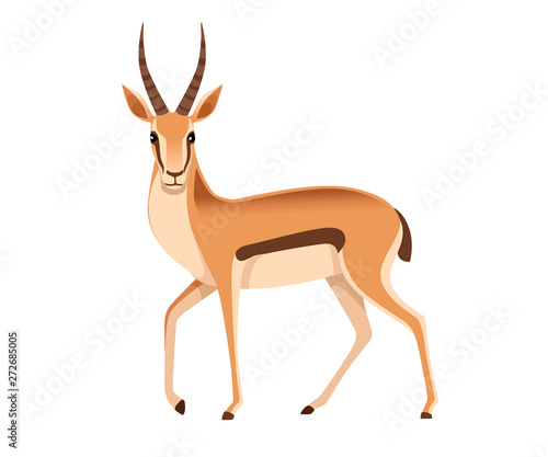 African wild black-tailed gazelle with long horns cartoon animal design flat vector illustration on white background side view antelope