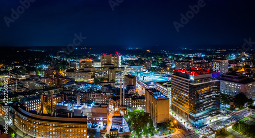 Aerial panorama of New Haven, Connecticut by night. New Haven is the second-largest city in Connecticut after Bridgeport
