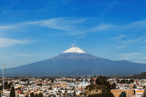 Popocatepetl Volcano and view of Cholula town in Puebla Mexico